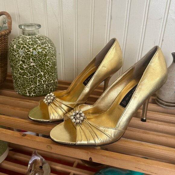 Steven By Steve Madden Gold Peep-Toe Heels With Pearl Embellishments 7.5 - Picture 1 of 12